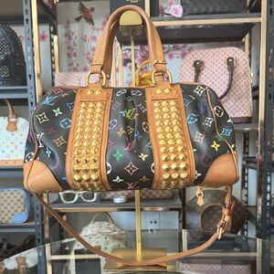 Murakami Black Multicolor Courtney MM Monogram Satchel Bag with Stud Accents